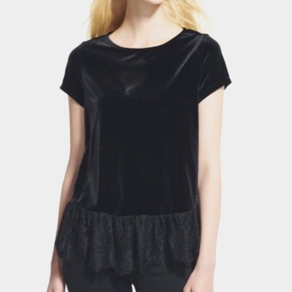 Adrianna Papell Velvet Lace Peplum Short Sleeve Top S